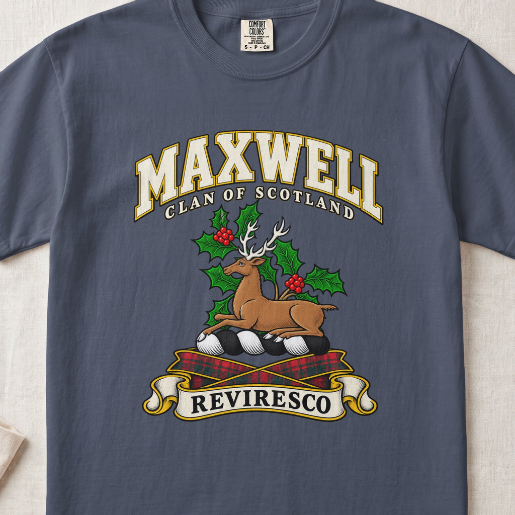 Maxwell Scottish clan T-shirt in Midnight, front view with a resting stag surrounded by holly leaves and red berries and motto banner.