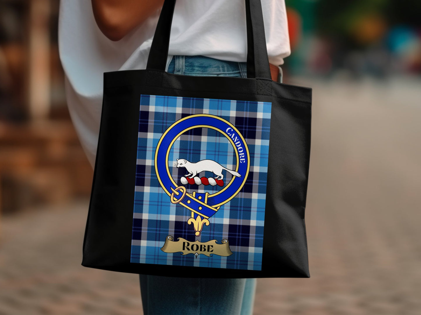 Scottish Clan Crest on Tartan Background Stylish Tote Bag - Living Stone Gifts