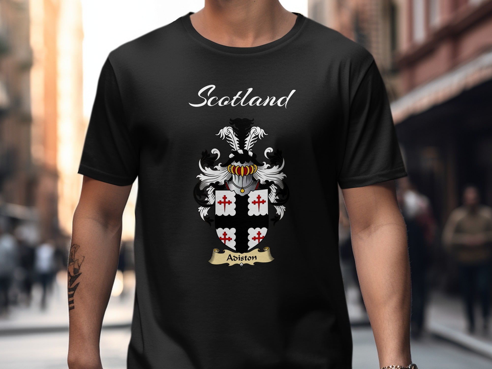 Adiston Scottish family shield design on Black T-shirt