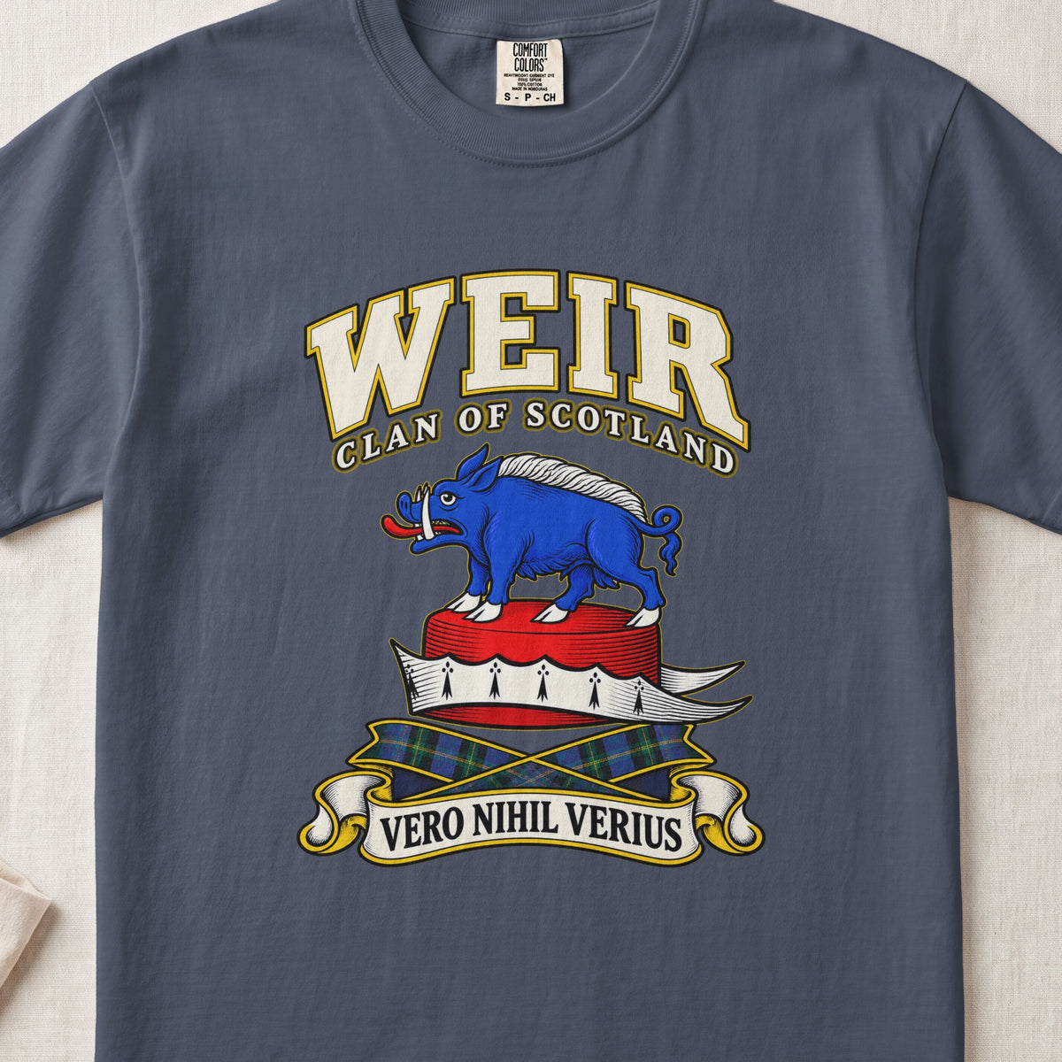 Weir Scottish clan T-shirt in Midnight, front view with a blue boar above a red-and-white cap and motto banner.