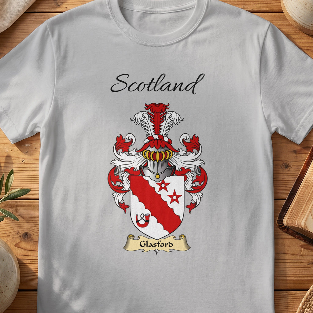 Sport Grey Glasford Scottish family shield T-shirt featuring a red diagonal band with stars and a small wheel motif