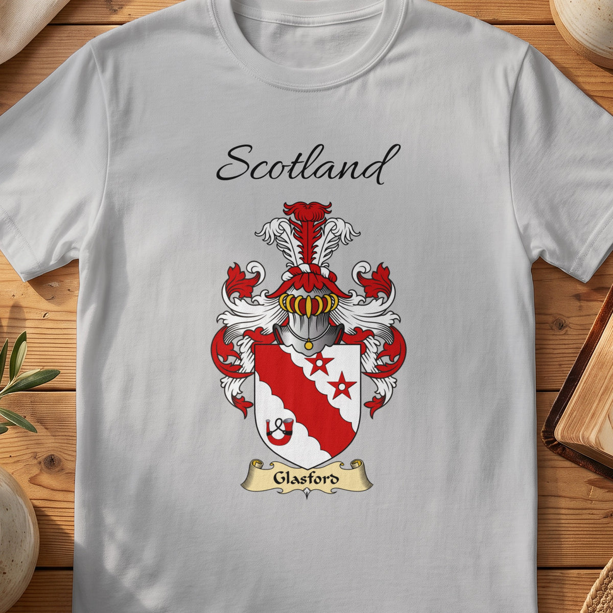 Sport Grey Glasford Scottish family shield T-shirt featuring a red diagonal band with stars and a small wheel motif