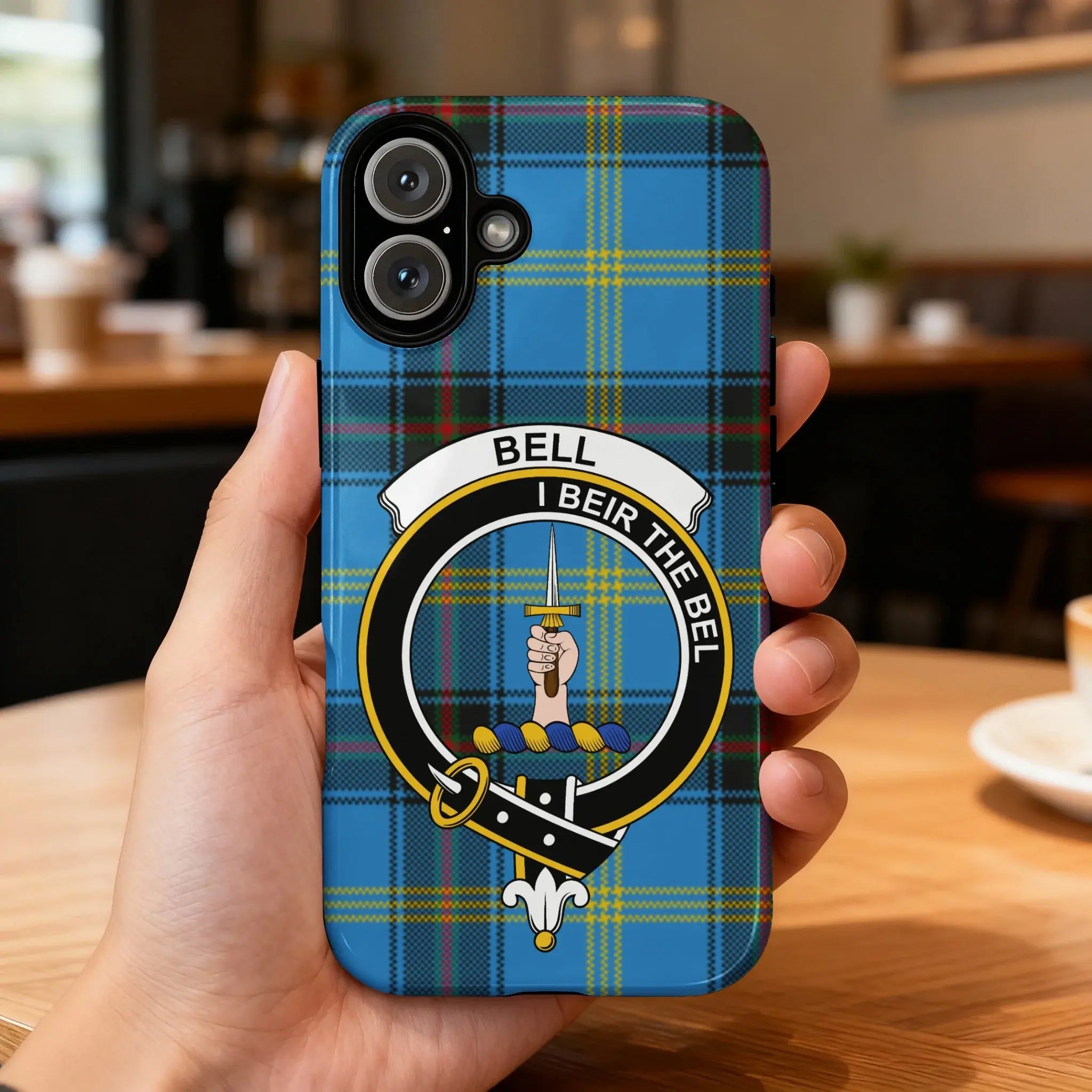 Clan Bell tartan crest phone case on iPhone — I Beir the Bel design, glossy impact-resistant finish