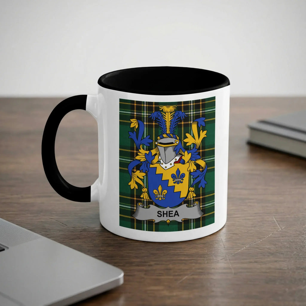 Shea black accent mug with Irish National Tartan crest design