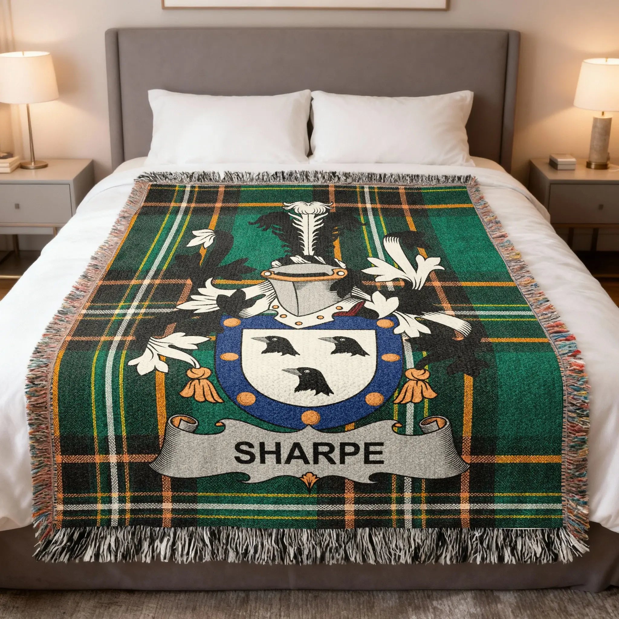 Tartan blanket with Sharpe family crest on a bed.
