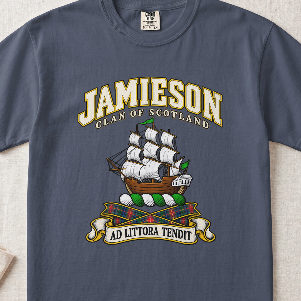 Jamieson Scottish clan T-shirt in Midnight, front view with a sailing ship with white sails and green pennants and motto banner.