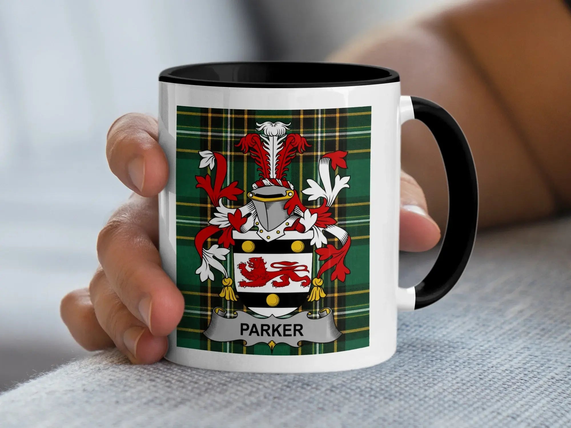 Parker Irish family crest black accent mug on Irish National Tartan