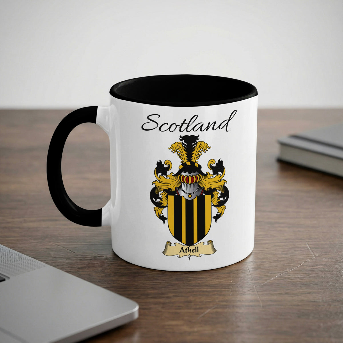 Athell Scottish family crest accent mug with Scotland lettering and coat of arms artwork