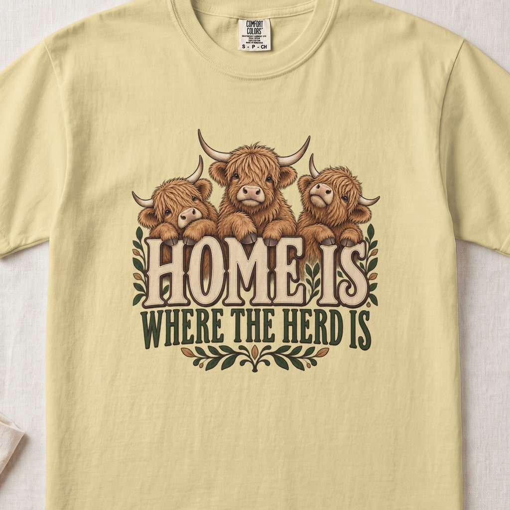 Home Is Where the Herd Is Highland cow design on a Butter Comfort Colors 1717 T-shirt, flat lay
