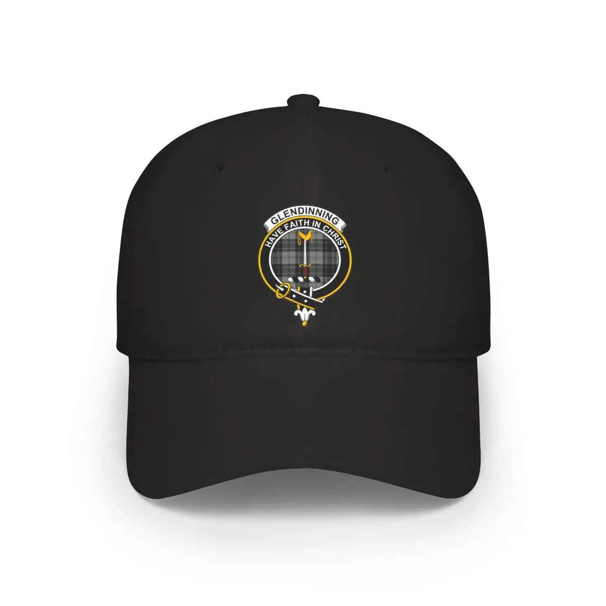 Clan Glendinning crest printed baseball cap in black — low-profile cotton Scottish heritage cap