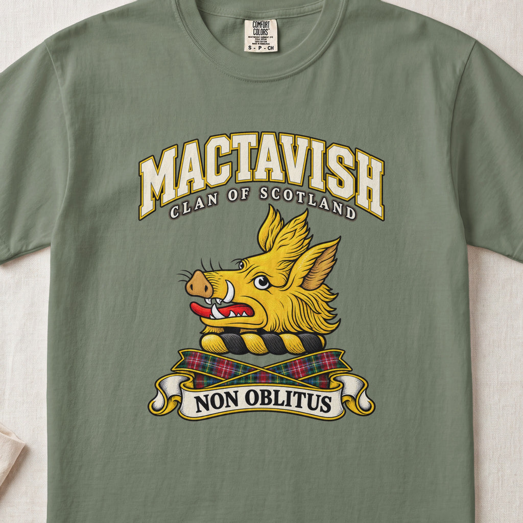 MacTavish Scottish clan T-shirt in Moss, front view with a gold boar head and motto design.