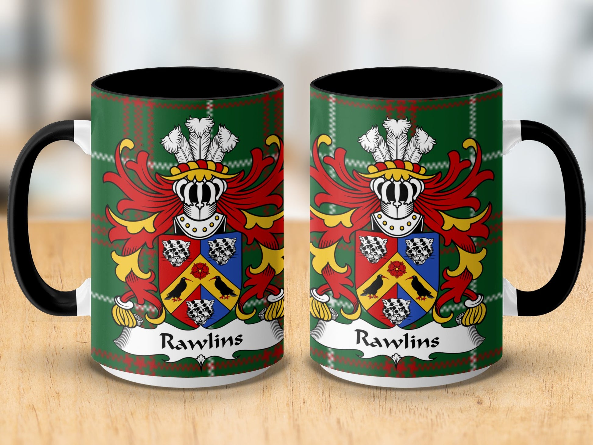 Rawlins Welsh Surname Coat of Arms on Tartan Background Mug - Living Stone Gifts