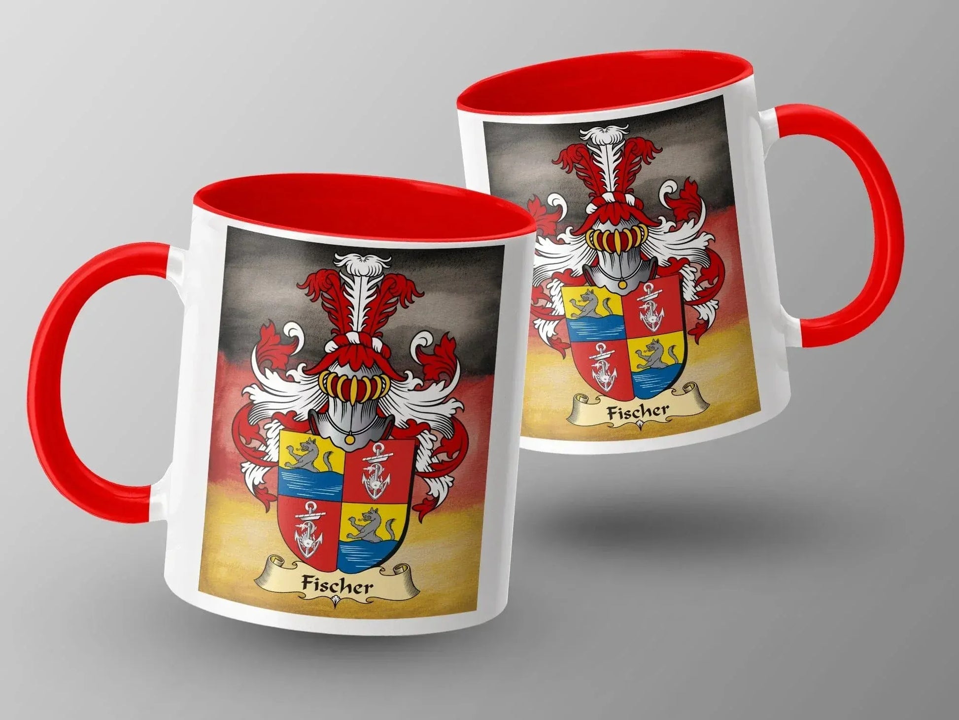 Vintage Fischer Family Crest Mug with Red Handle product type