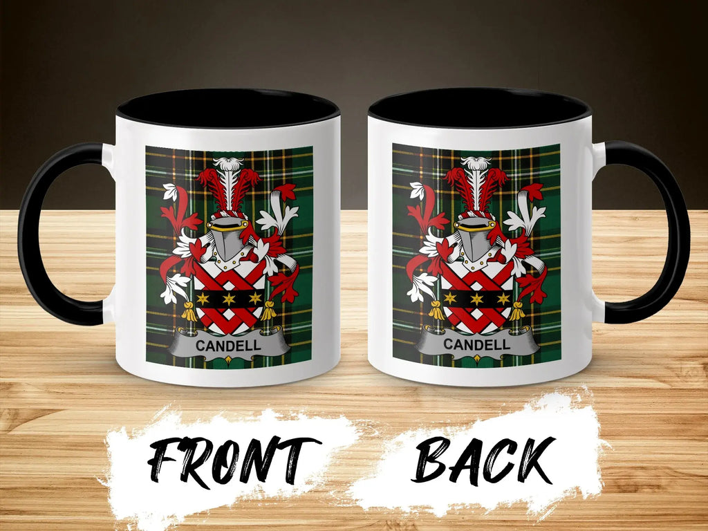 Two mugs featuring a coat of arms with the name "CANDEL" below it.