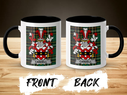 Two mugs featuring a coat of arms with the name "CANDEL" below it.