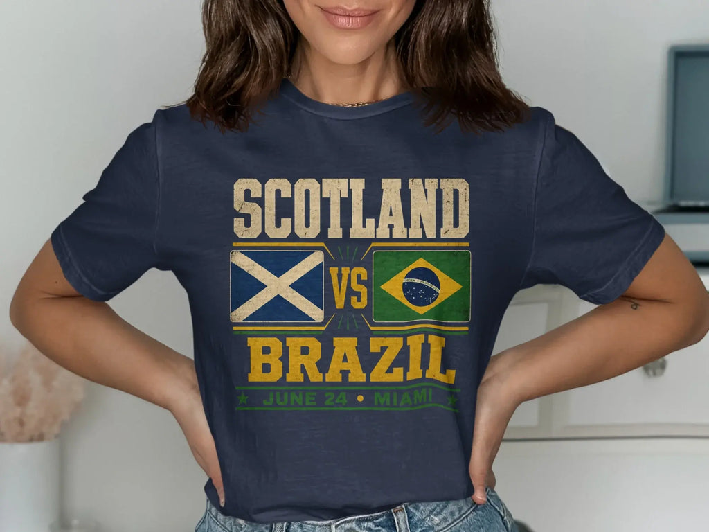 Navy t-shirt with SCOTLAND VS BRAZIL and June 24 Miami printed on it.