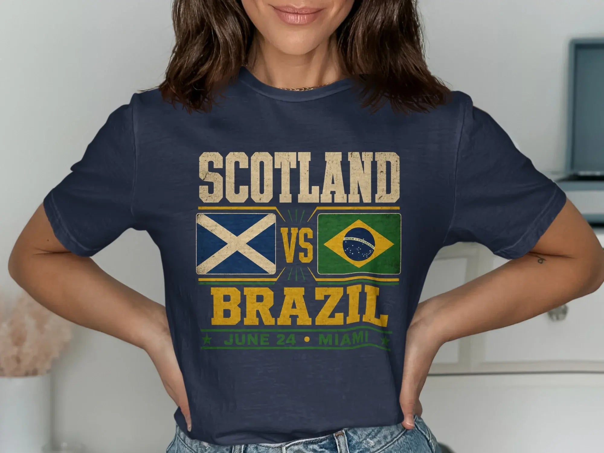 Navy t-shirt with SCOTLAND VS BRAZIL and June 24 Miami printed on it.