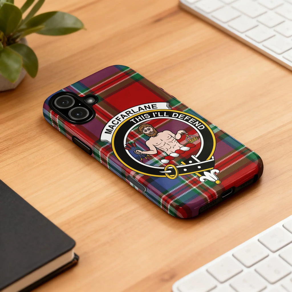 MacFarlane This I'll Defend tartan iPhone case — full heraldic wrap on glossy impact-resistant shell
