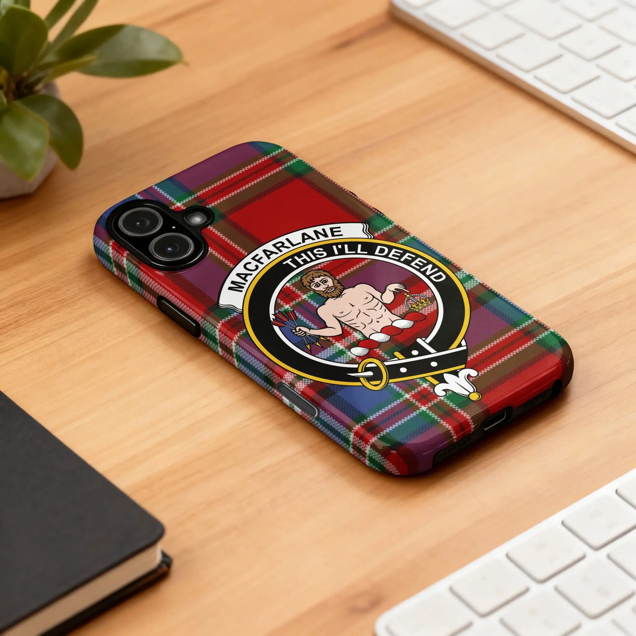 MacFarlane This I'll Defend tartan iPhone case — full heraldic wrap on glossy impact-resistant shell