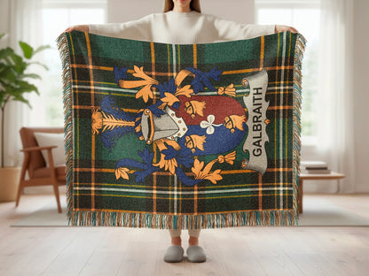 Plaid blanket with Galbraith family crest in blue, gold, and green.