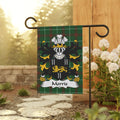 Morris family crest on a green tartan garden flag.