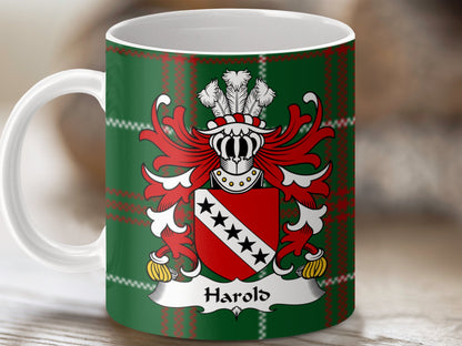 Harold Welsh Surname Coat of Arms on Tartan Background Mug - Living Stone Gifts