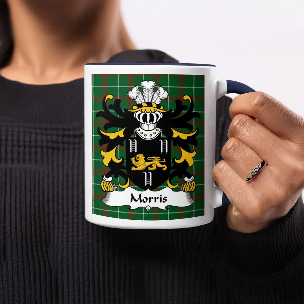 Morris Welsh ancestry gift mug with green Welsh National Tartan and heraldic crest