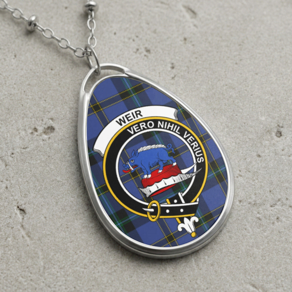 Silver necklace with tear-drop pendant featuring Weir tartan and crest with a boar.