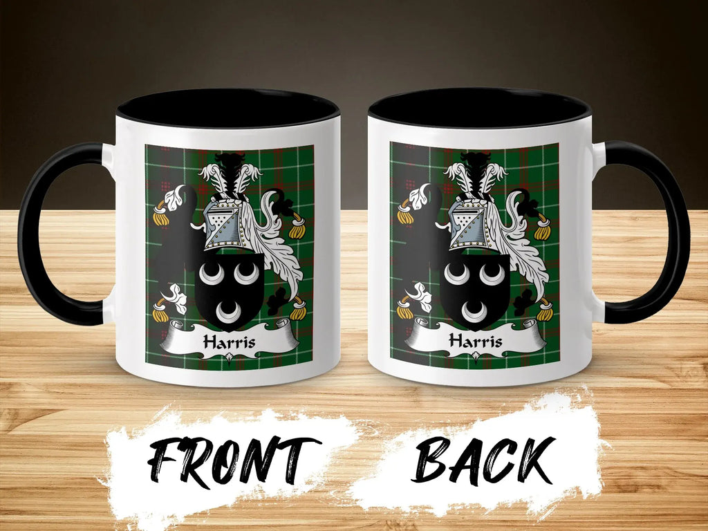 Harris Welsh surname coffee mug front and back showing coat of arms on tartan