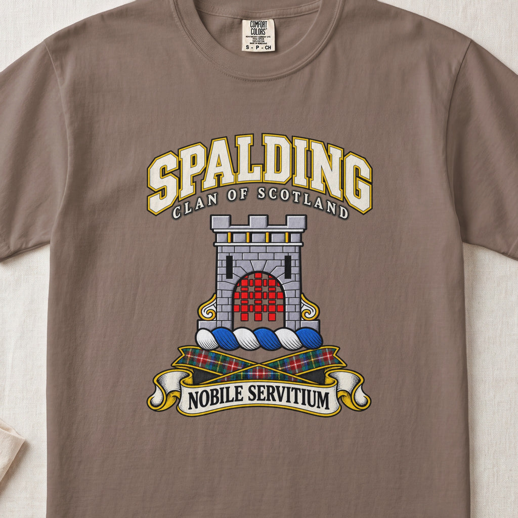 Spalding Scottish clan T-shirt in Espresso, front view with a stone tower with a red gateway and motto design.