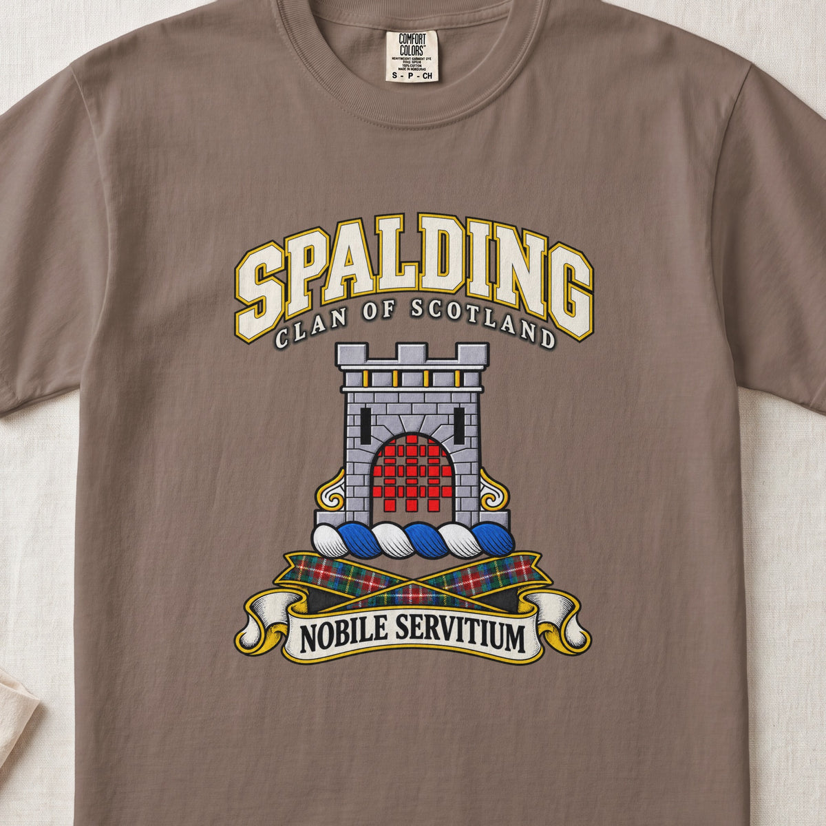 Spalding Scottish clan T-shirt in Espresso, front view with a stone tower with a red gateway and motto design.