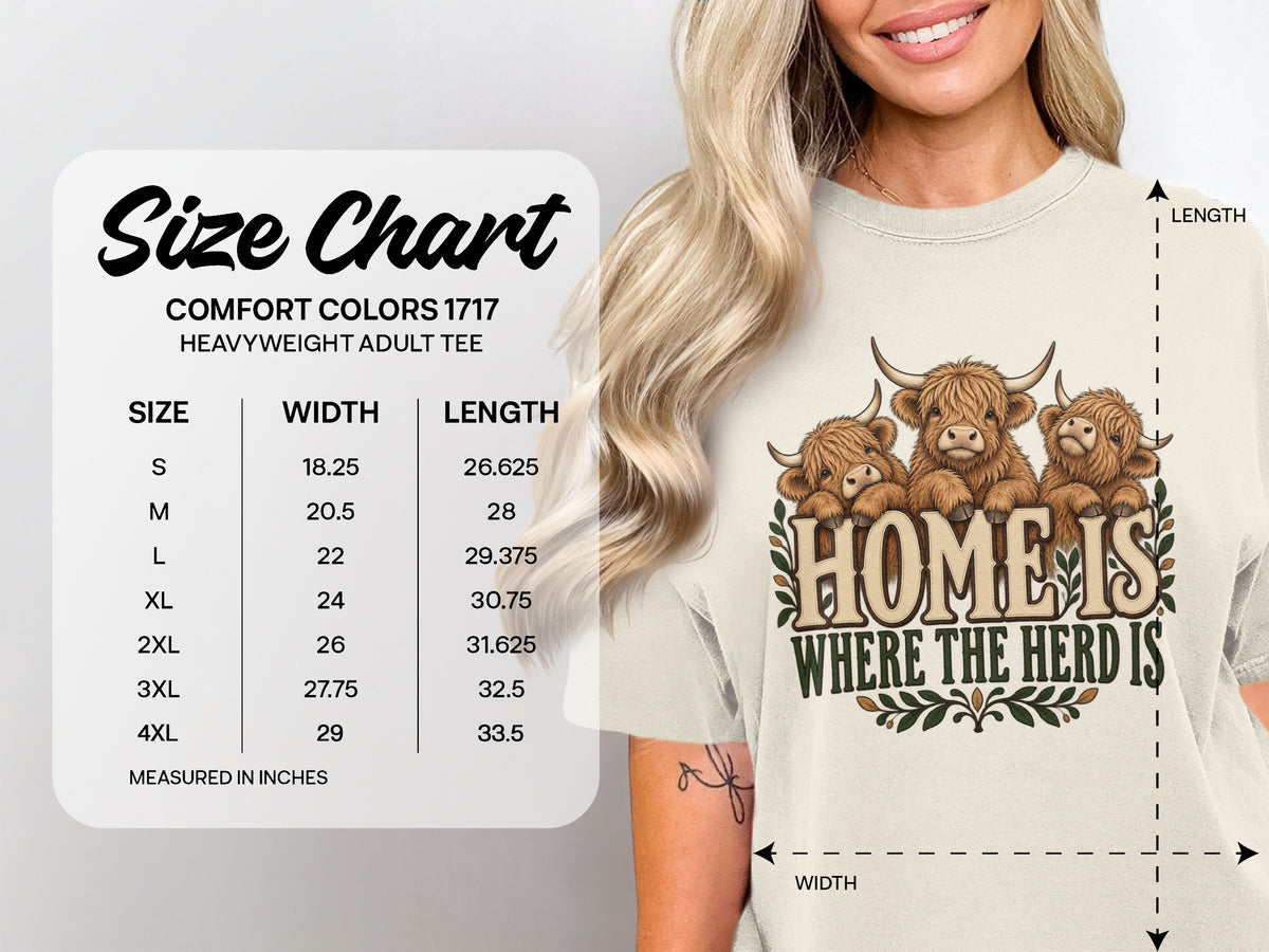 Comfort Colors 1717 size chart, S–4XL, for the Home Is Where the Herd Is Highland cow T-shirt