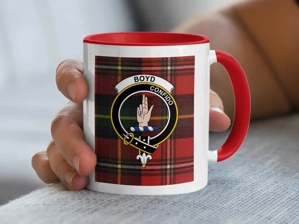 Boyd tartan mug top-down view — black interior and handle, clan crest print visible from above