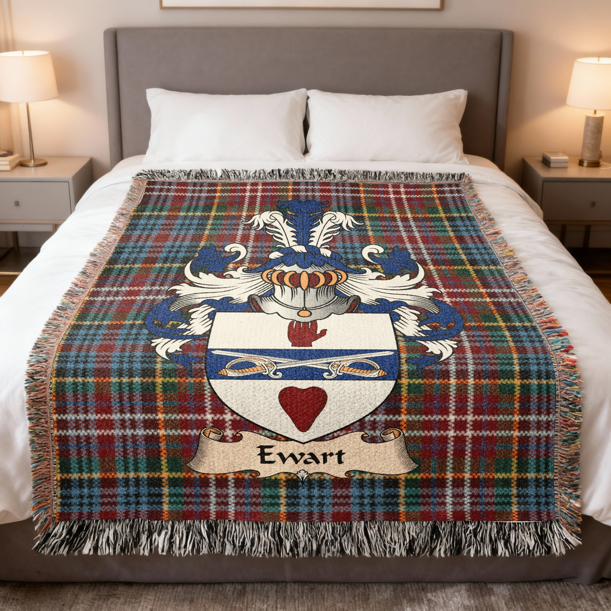 Ewart Caledonia tartan heritage woven throw blanket with family shield