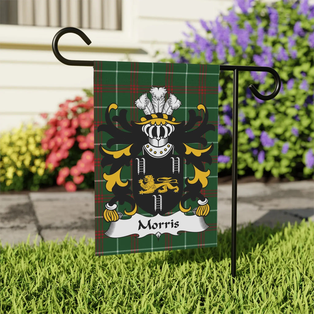 Green tartan flag with Morris family crest and name.