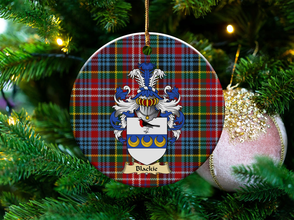 Blackie Scottish clan ceramic ornament with family crest on a Caledonia tartan background, hanging on a Christmas tree