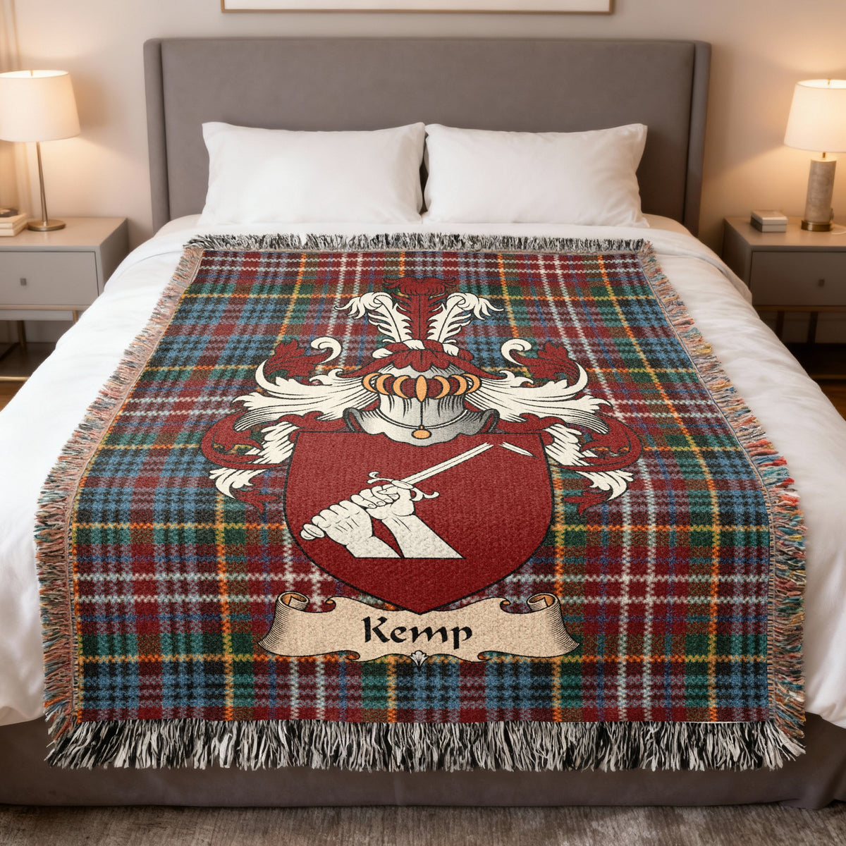 Kemp Caledonia tartan heritage woven throw blanket with family shield