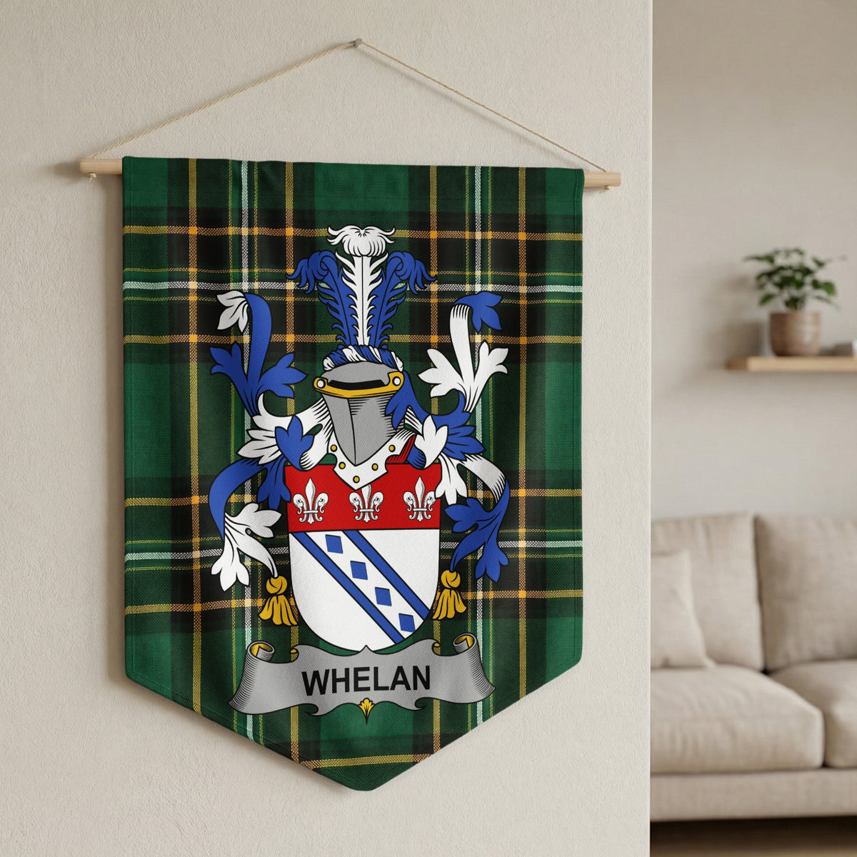 Whelan family crest on a green tartan banner hanging on a wall.