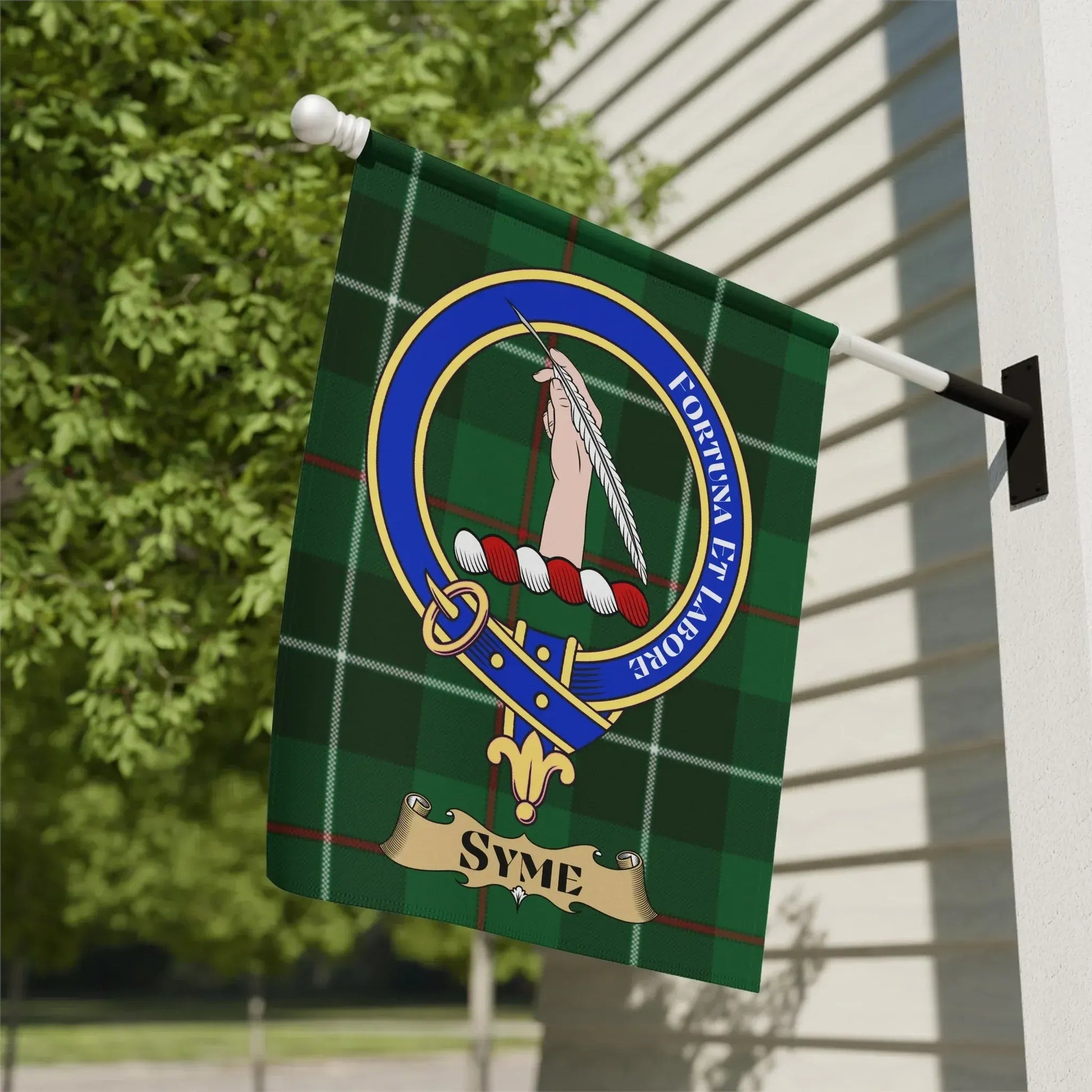 Syme Clan Crest Flag with Motto Plaid Background product type
