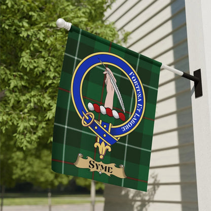 Syme Clan Crest Flag with Motto Plaid Background product type