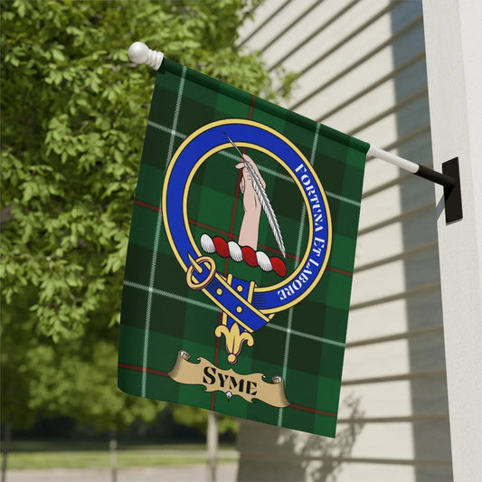 Syme Clan Crest Flag with Motto Plaid Background product type