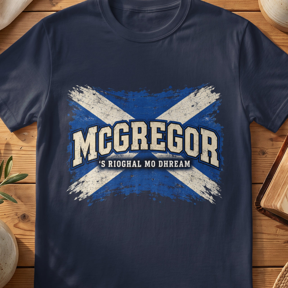 McGregor Scottish Saltire T-shirt in Navy, with distressed blue and cream flag and “'S Rioghal Mo Dhream” lettering.
