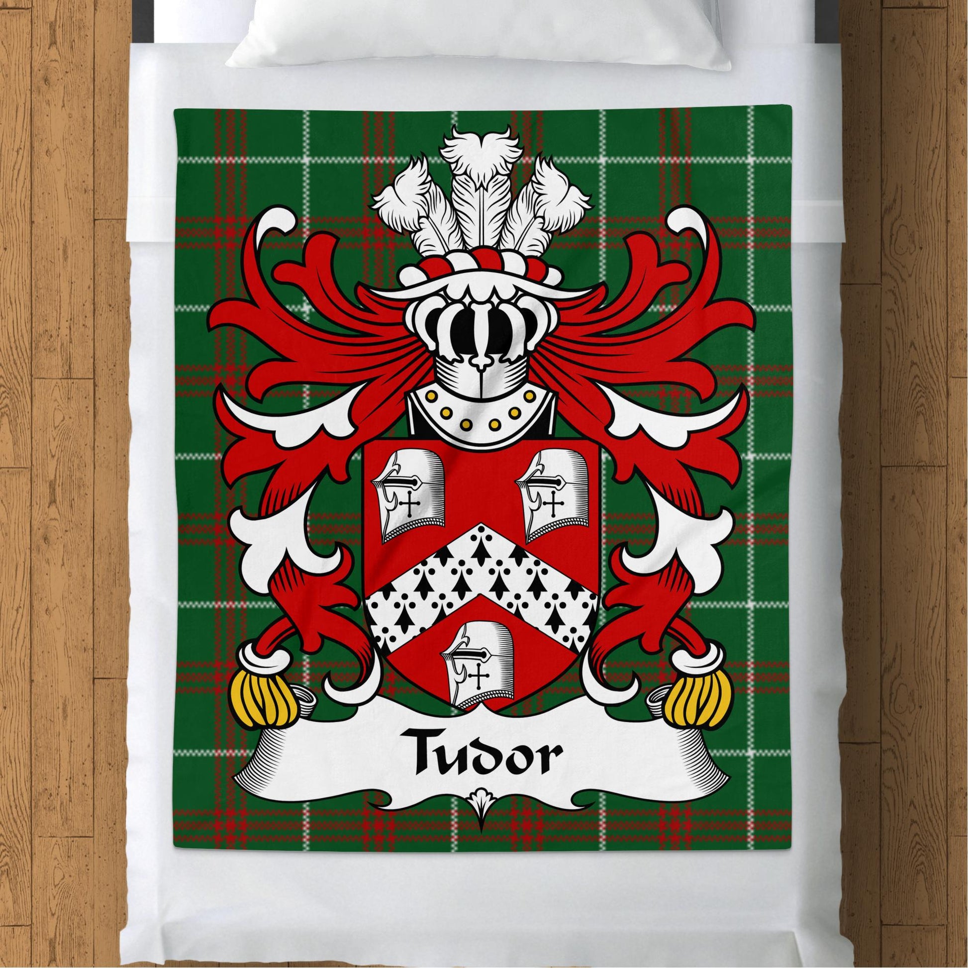 Tudor Welsh Surname Coat of Arms on Welsh Tartan Blanket - Living Stone Gifts