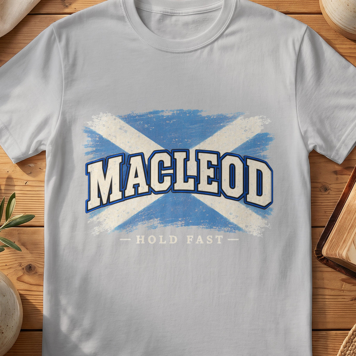 MacLeod Scottish Saltire T-shirt in Sport Grey, with distressed blue and cream flag and “Hold Fast” lettering.