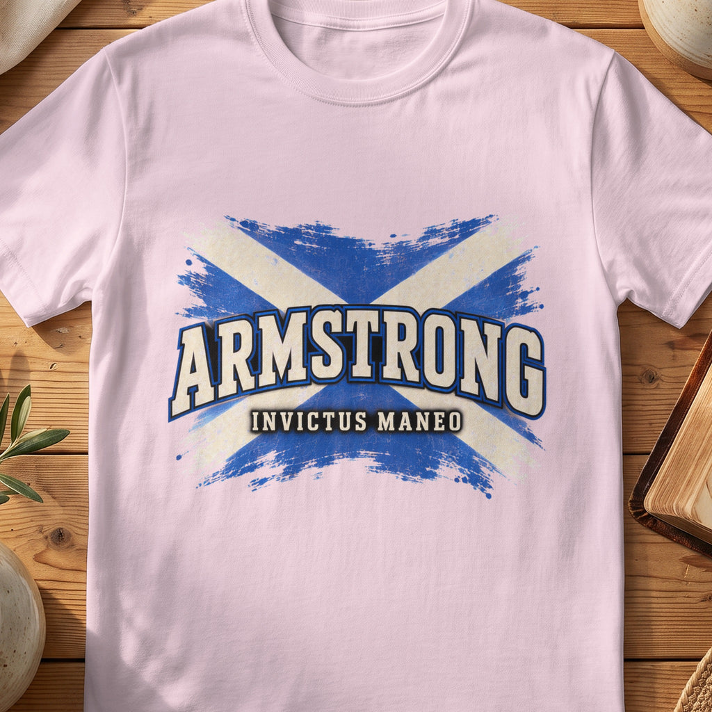 Armstrong Scottish Saltire T-shirt in Light Pink, with distressed blue and cream flag and “Invictus Maneo” lettering.