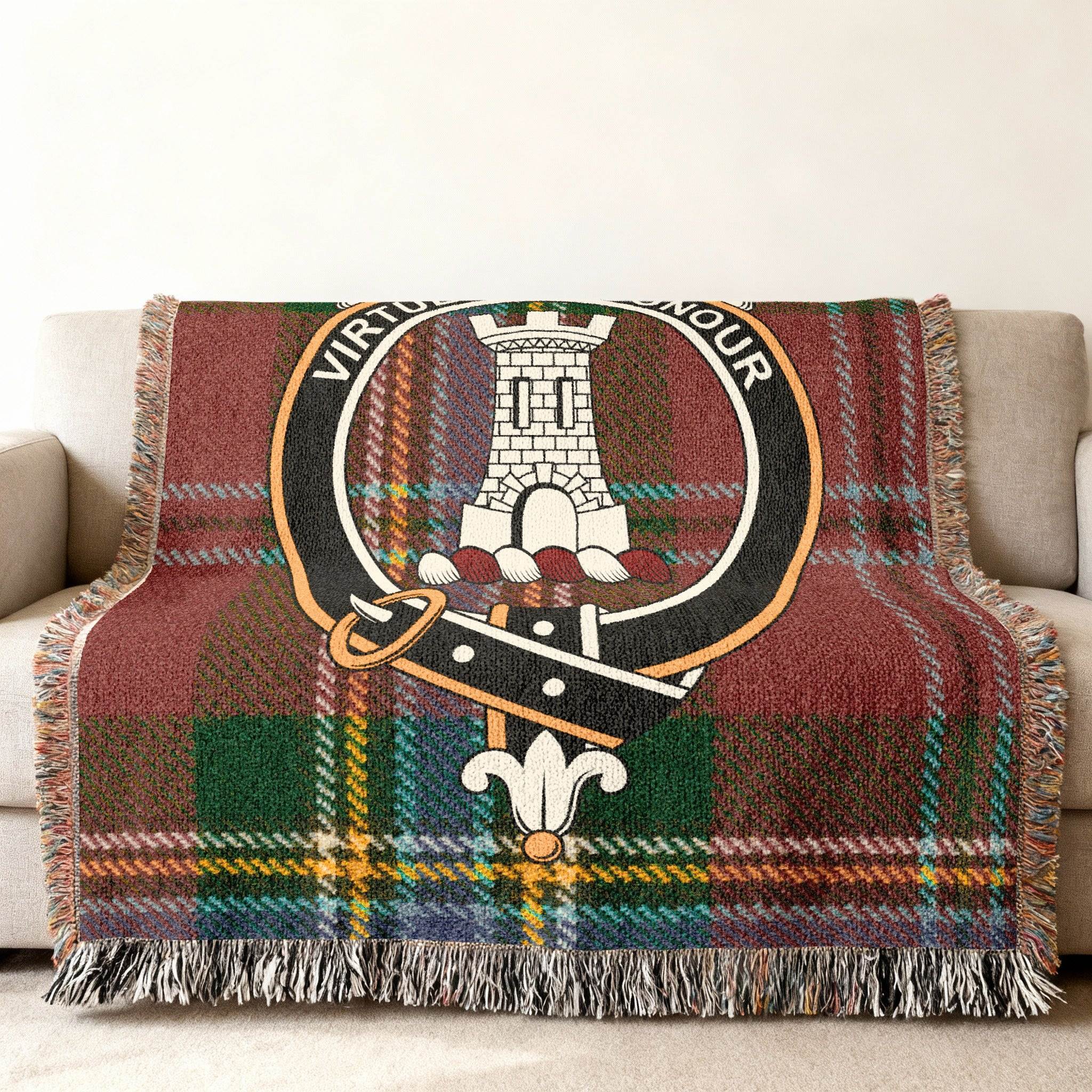 MacLean Scottish clan crest plaid woven blanket — unique couch throw, fringe edge visible