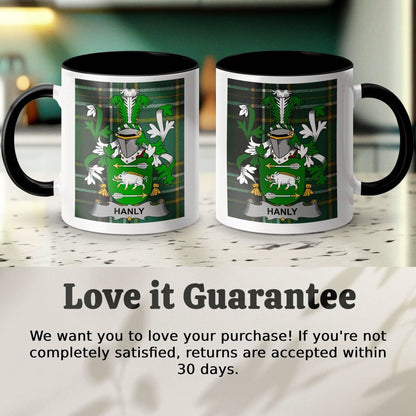 Hanly Surname Family Crest Irish Tartan Mug - Celtic Ancestry Gifts