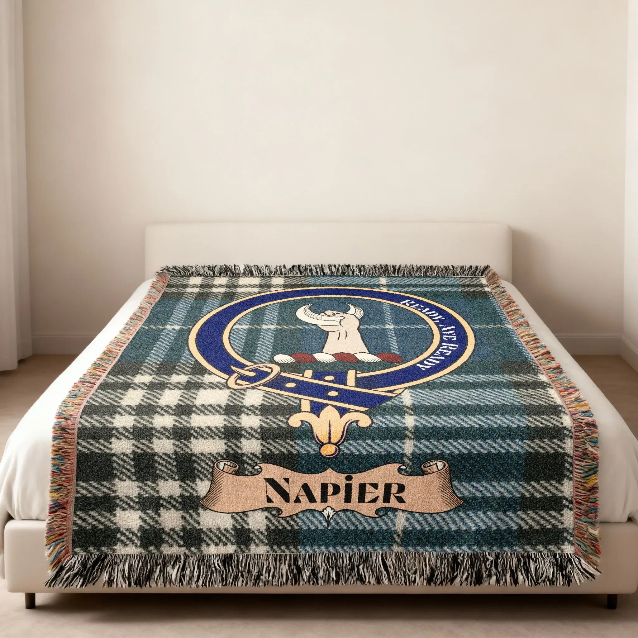 Clan Napier woven blanket — blue tartan with crest emblem, 80x60 size