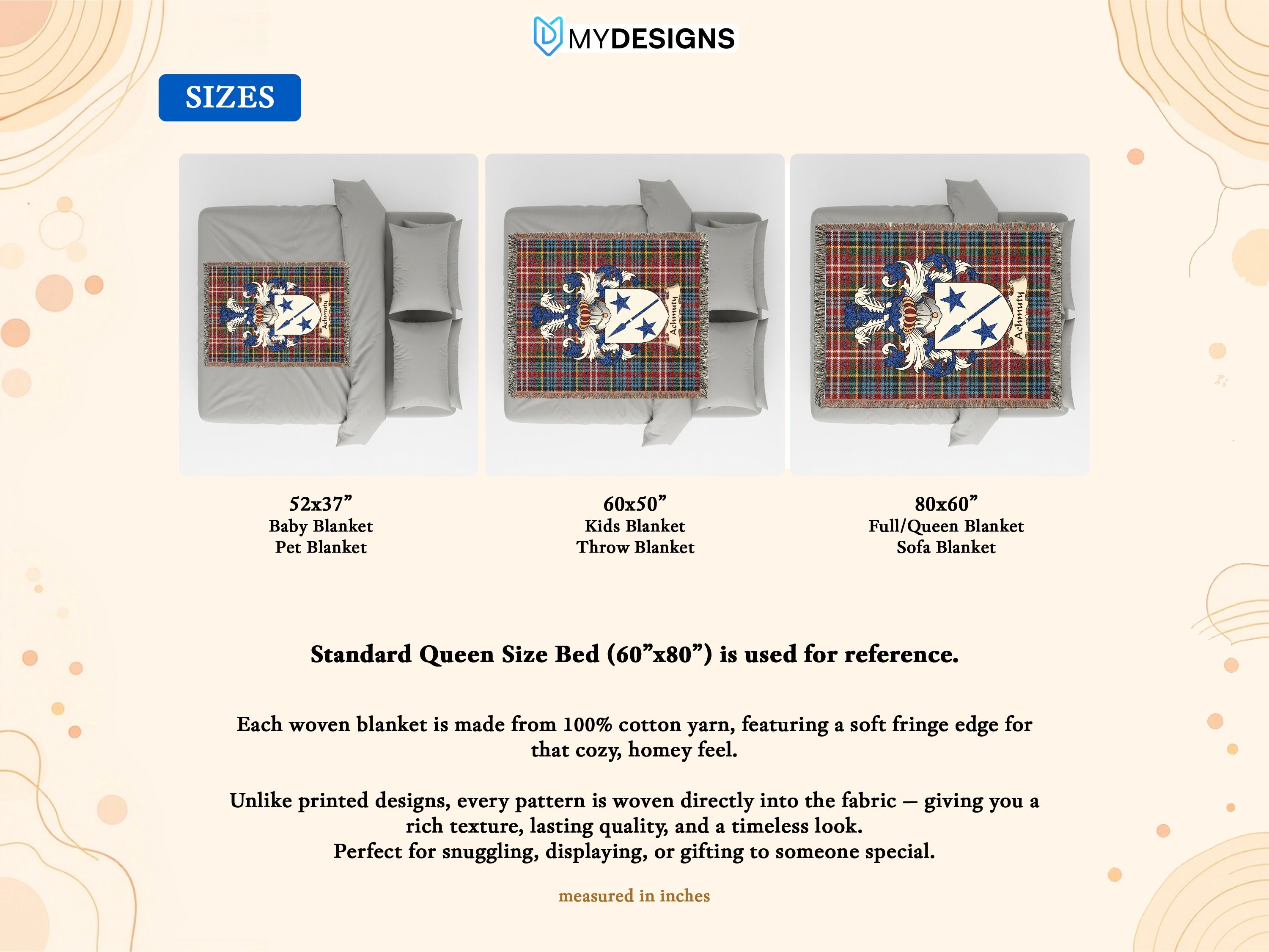Size guide for Achmuty Scottish family crest woven blanket with Caledonia tartan background