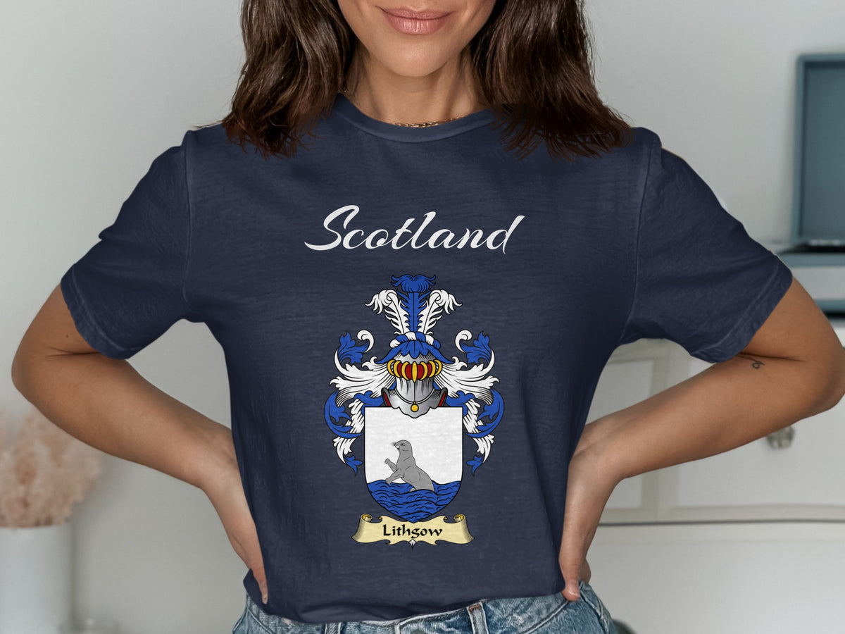 Lithgow Scottish family shield design on Navy T-shirt